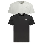 Black Fila men's organic cotton T-shirt hanging on a wooden hanger, showcasing a casual and comfortable fit.
