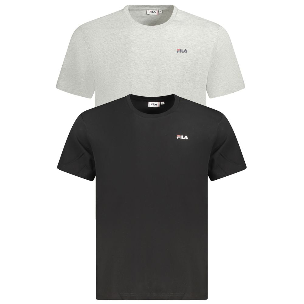 Black Fila men's organic cotton T-shirt hanging on a wooden hanger, showcasing a casual and comfortable fit.