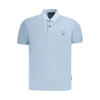 Napapijri Azzurro cotton men's polo shirt in blue with a classic collar and short sleeves, displayed on a hanger.