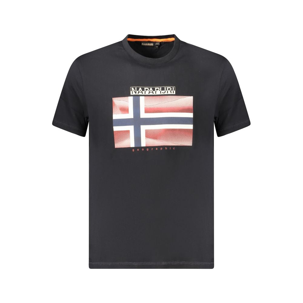 Black cotton men's T-shirt by Napapijri with a classic fit and crew neckline, shown on a white background.