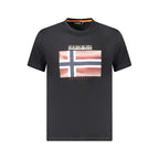 Black cotton men's T-shirt by Napapijri with a classic fit and crew neckline, shown on a white background.
