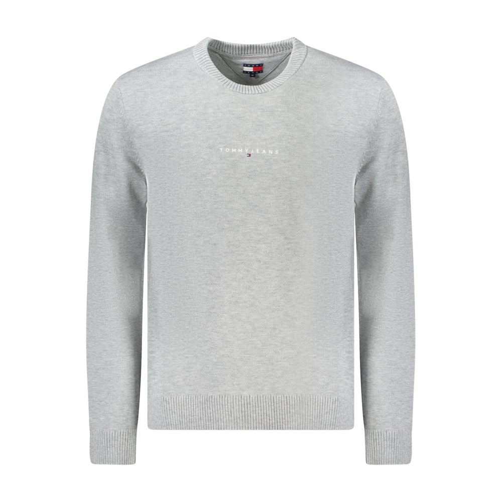 Tommy Hilfiger men's gray polyester sweater displayed flat, showcasing a classic crew neckline and ribbed cuffs.
