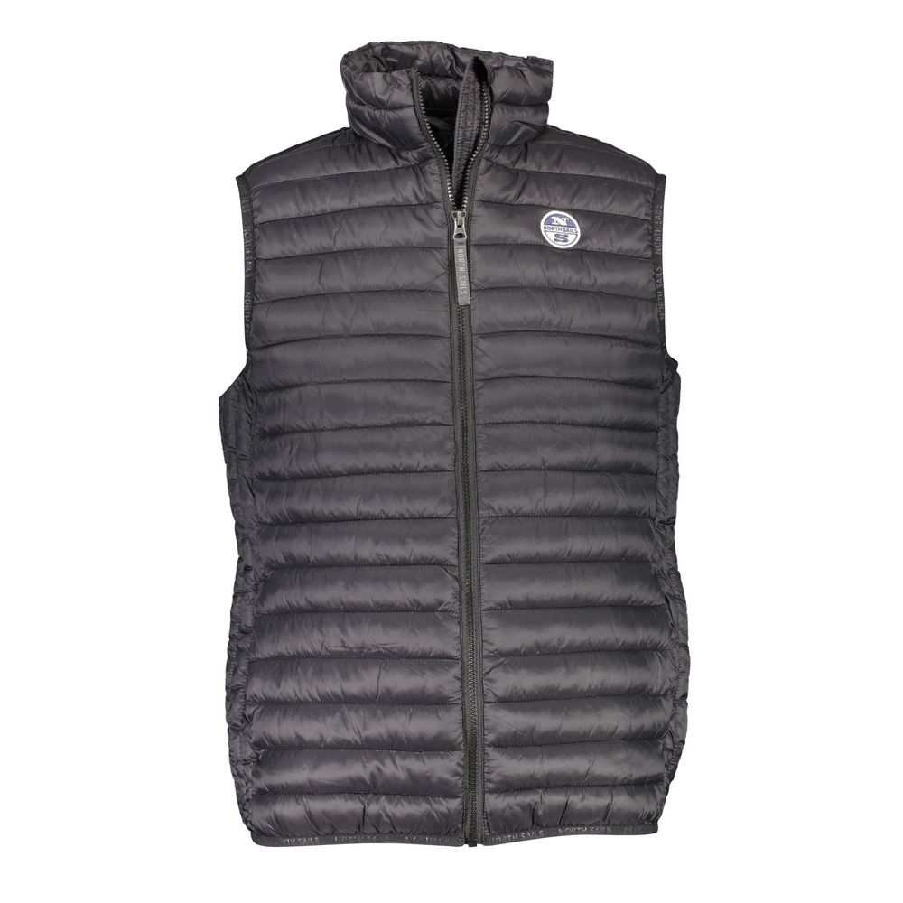 North Sails black polyamide men's vest displayed on a hanger, featuring a sleek design and lightweight fabric for casual wear.