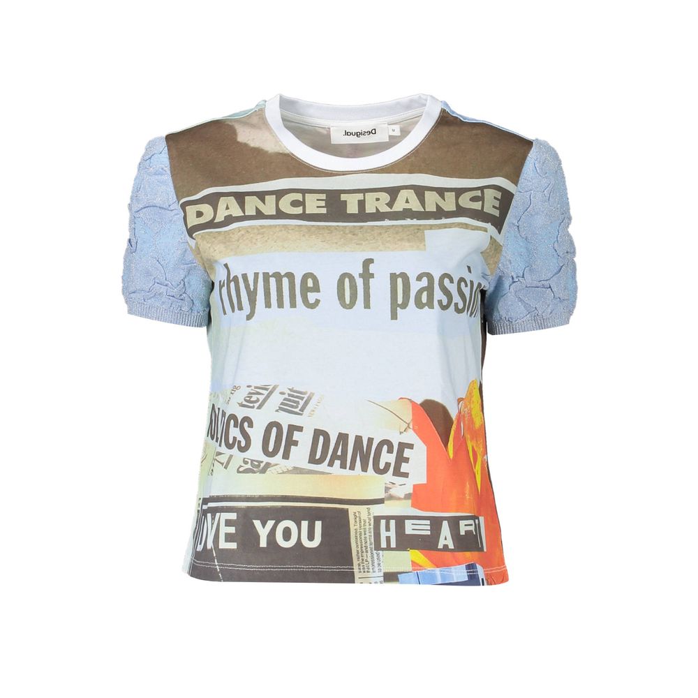 Desigual Azzurro cotton women's T-shirt with colorful abstract print and round neckline, casual and comfortable fit.