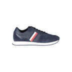 Tommy Hilfiger blue polyester men's sneaker with white sole and laces, casual athletic shoe on a white background.