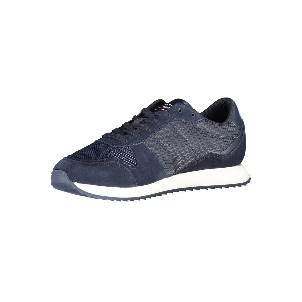 Tommy Hilfiger men's blue polyester sneaker with white sole and logo accents, stylish athletic footwear for casual wear.
