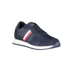 Blue Tommy Hilfiger men's polyester sneaker with white rubber sole and lace-up design, casual athletic footwear.