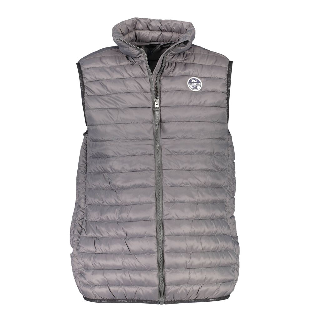 North Sails Grigio Poliammide men's vest displayed on a hanger, featuring a lightweight, gray fabric with a high collar and front zipper.