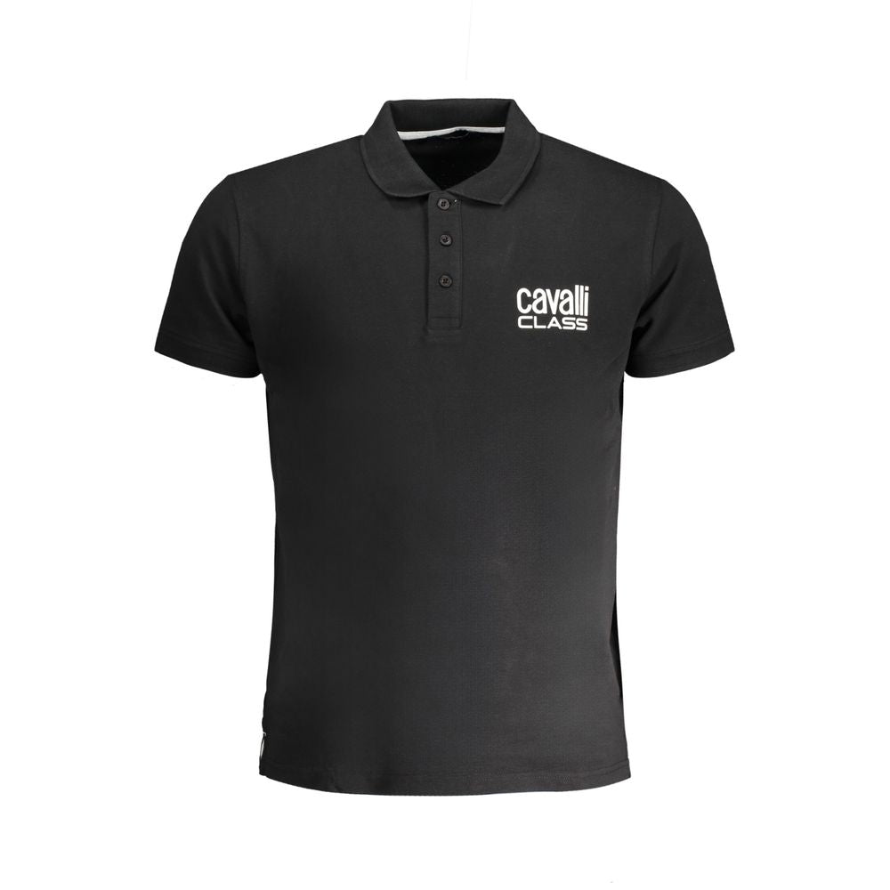 Black cotton men's polo shirt by Cavalli Class with a classic collar and short sleeves, displayed on a plain background.