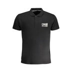 Black cotton men's polo shirt by Cavalli Class with a classic collar and short sleeves, displayed on a plain background.