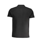Black cotton men's polo shirt by Cavalli Class, featuring a classic collar and short sleeves, displayed on a hanger.