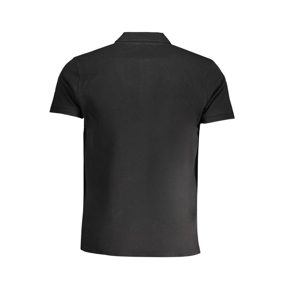 Black cotton men's polo shirt by Cavalli Class, featuring a classic collar and short sleeves, displayed on a hanger.