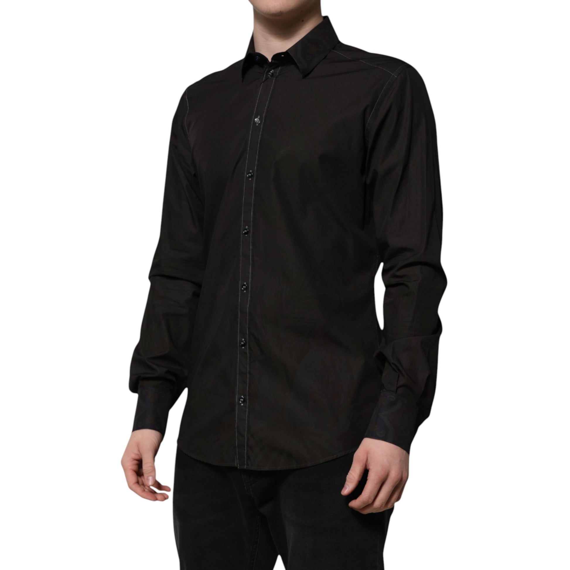 Dolce & Gabbana Black Cotton Jacquard GOLD Collar Dress Shirt Dolce & Gabbana