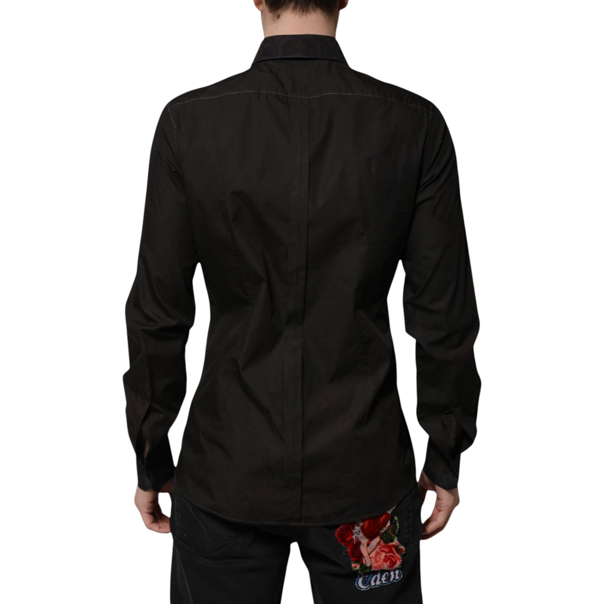 Dolce & Gabbana Black Cotton Jacquard GOLD Collar Dress Shirt Dolce & Gabbana