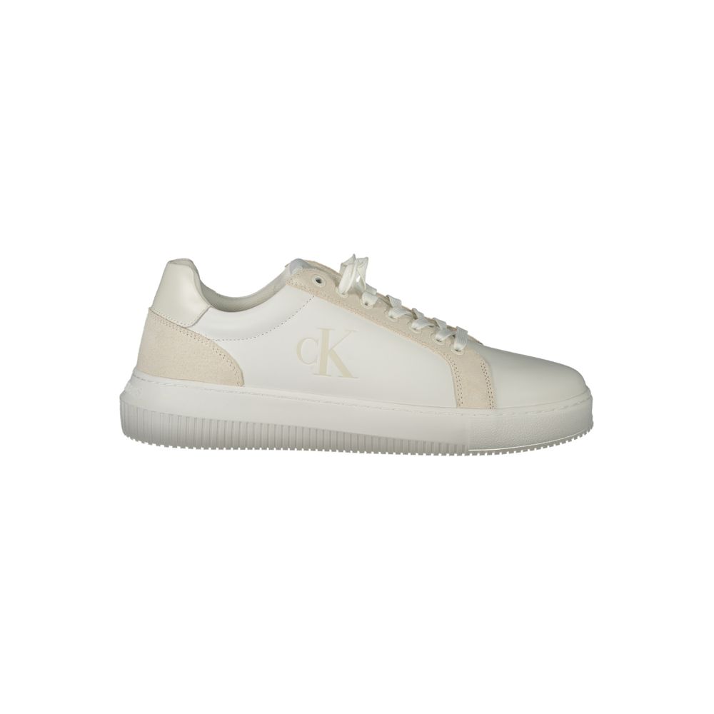 White Calvin Klein polyurethane men's sneaker with sleek design and lace-up closure, showcasing a modern athletic style.