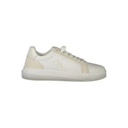 White Calvin Klein polyurethane men's sneaker with sleek design and lace-up closure, showcasing a modern athletic style.