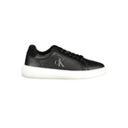 Calvin Klein black polyurethane men's sneaker with sleek design and rubber sole, featuring subtle branding and modern athletic style.