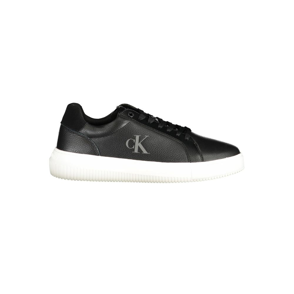 Calvin Klein black polyurethane men's sneaker with sleek design and rubber sole, featuring subtle branding and modern athletic style.