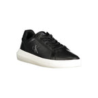 Calvin Klein black polyurethane men's sneaker with sleek design and white sole, showcasing modern athletic footwear style.