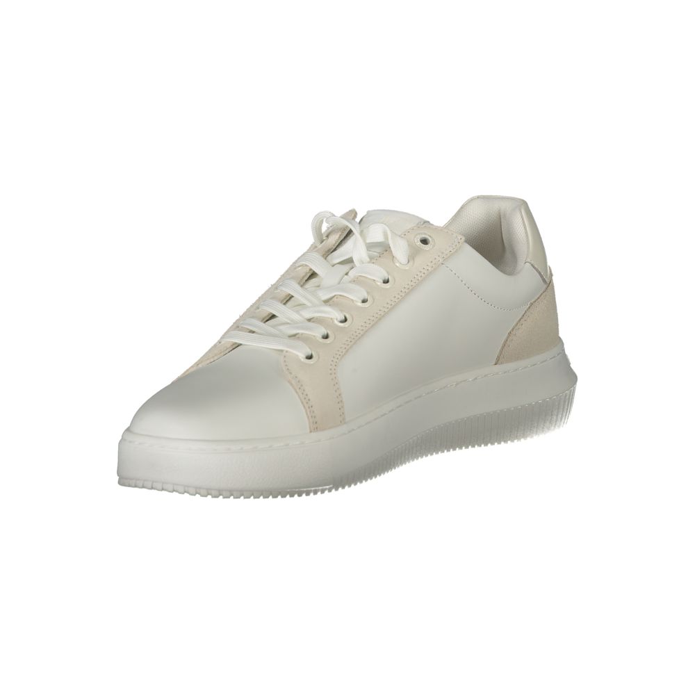 Calvin Klein white polyurethane men's sneaker with sleek design and sporty style, shown from a side angle.