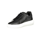Calvin Klein black polyurethane men's sneaker with sleek design and white sole, stylish casual footwear.