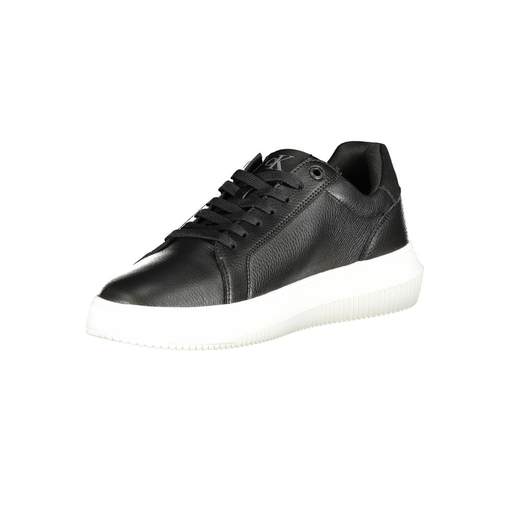 Calvin Klein black polyurethane men's sneaker with sleek design and white sole, stylish casual footwear.