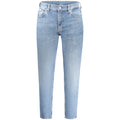 Calvin Klein blue cotton men's jeans shown on a model, featuring classic five-pocket design and a modern fit.
