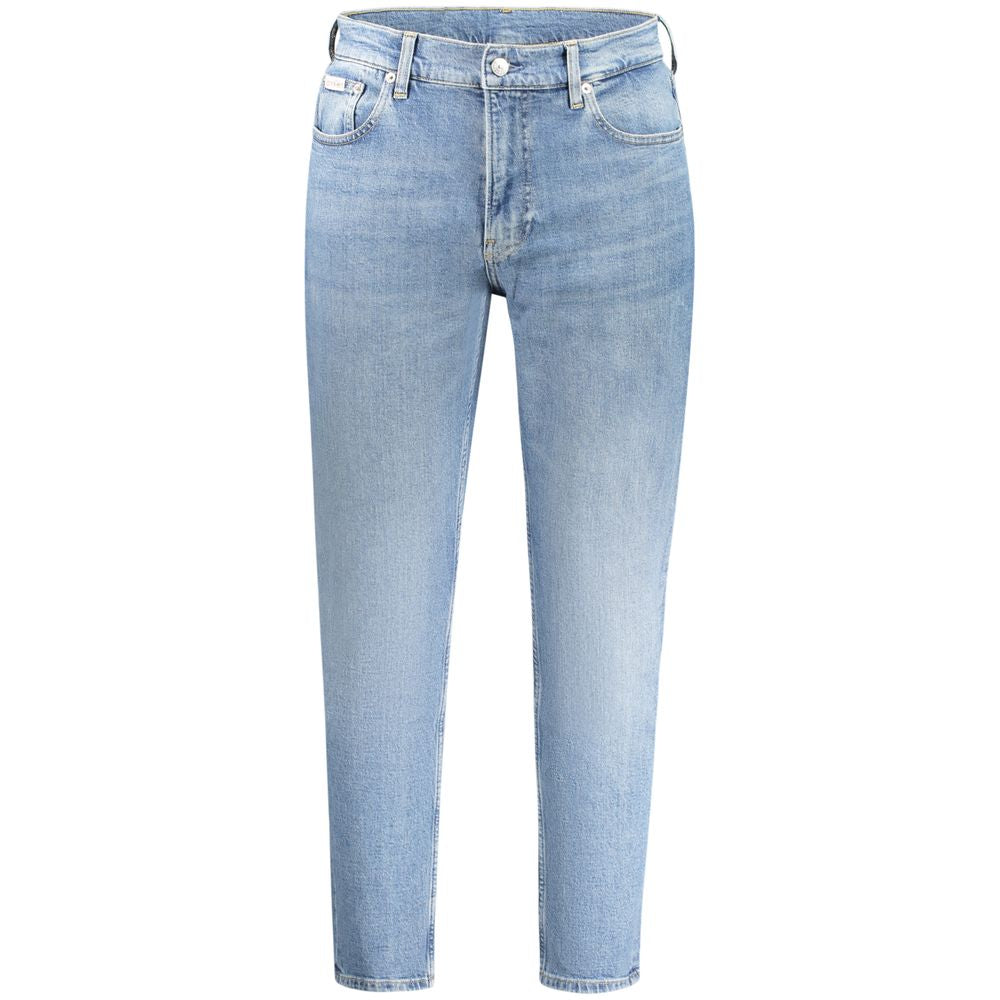 Calvin Klein blue cotton men's jeans shown on a model, featuring classic five-pocket design and a modern fit.