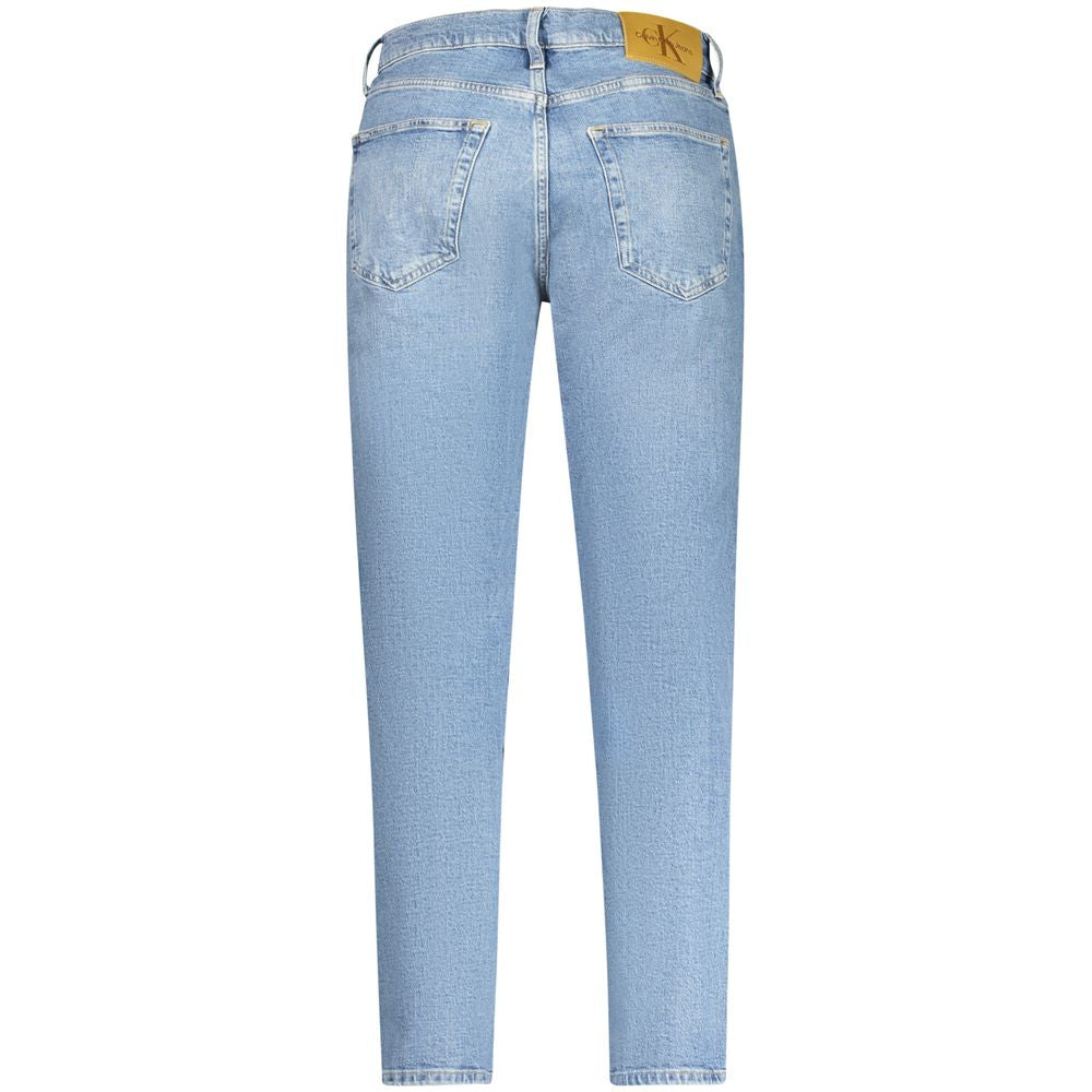 Calvin Klein blue cotton men's jeans with classic five-pocket design and belt loops, displayed on a neutral background.