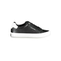Black leather women’s sneaker by Calvin Klein with white rubber sole and sleek modern design.