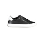 Black leather women’s sneaker by Calvin Klein with white rubber sole and sleek modern design.