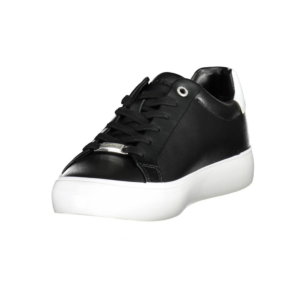 Black leather Calvin Klein women's sneaker with white rubber sole, stylish and comfortable casual footwear.