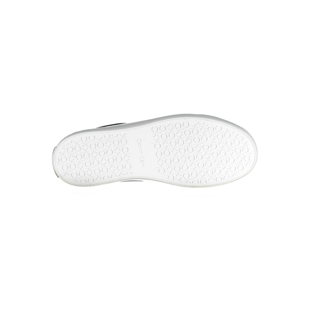 Black leather women’s sneaker by Calvin Klein with white sole and sleek design, perfect for casual and athletic wear.