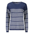 North Sails blue linen women's sweater displayed on a hanger, showing its lightweight, casual design and soft fabric texture.