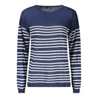North Sails blue linen women's sweater displayed on a hanger, showing its lightweight, casual design and soft fabric texture.
