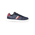 Tommy Hilfiger blue polyurethane men's sneaker with white sole and laces, casual athletic footwear style.