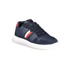 Tommy Hilfiger blue polyurethane men's sneakers with white laces and sporty design, featuring the brand's logo on the side.