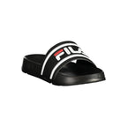 Fila black polyurethane women's slippers with open toe design and slip-on style, featuring cushioned footbed for comfort.