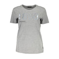 Gray cotton women's T-shirt by Guess Jeans, featuring a classic fit and simple design, showcased on a plain background.