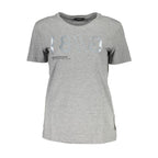 Gray cotton women's T-shirt by Guess Jeans, featuring a classic fit and simple design, showcased on a plain background.