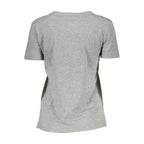 Gray cotton women's T-shirt by Guess Jeans with a relaxed fit and classic crew neckline, shown on a plain background.