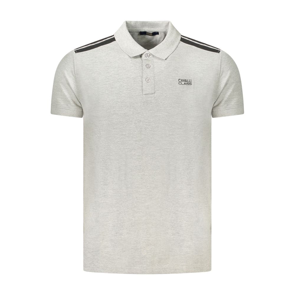 Cavalli Class gray cotton men's polo shirt with a classic collar and short sleeves, displayed on a hanger.