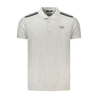Cavalli Class gray cotton men's polo shirt with a classic collar and short sleeves, displayed on a hanger.