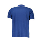 North Sails blue cotton men's polo shirt displayed on a hanger, showcasing classic collar and short sleeves.