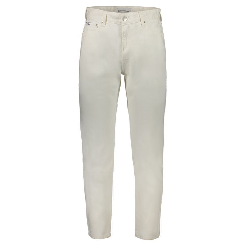 Pair of white cotton men's jeans by Calvin Klein displayed on a hanger with a plain background.
