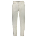 Pair of white cotton men's jeans by Calvin Klein displayed on a hanger with a plain background.