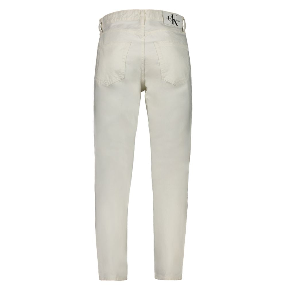 Calvin Klein white cotton men's jeans with classic fit and five-pocket design, displayed on a neutral background.