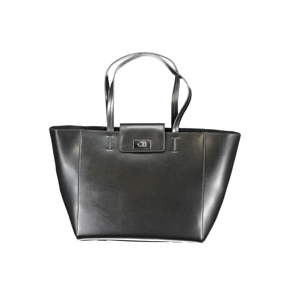 Calvin Klein black recycled polyester women's handbag with sleek design and top handle, featuring subtle branding details.