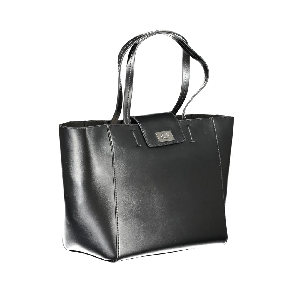 Black Calvin Klein women's handbag made of recycled polyester, featuring sleek design and top handle for everyday style.