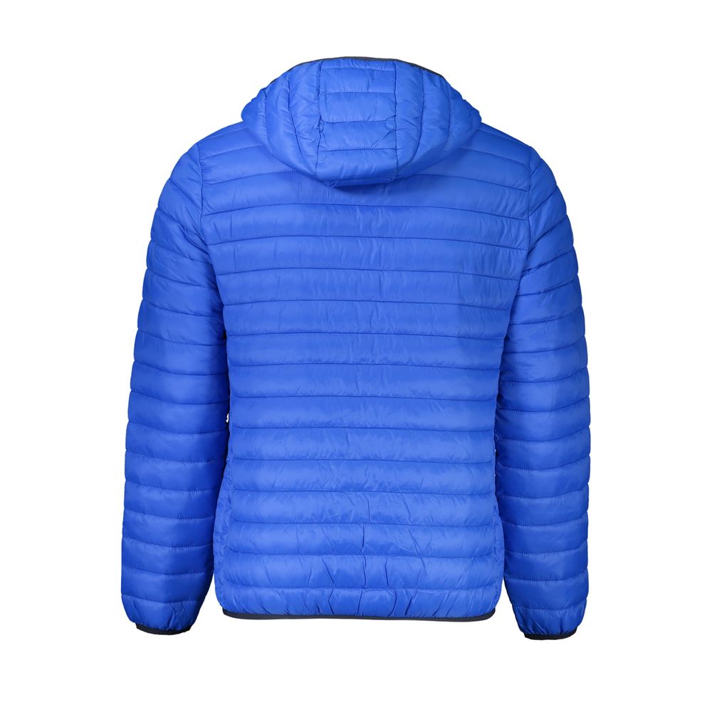 Cavalli Class Blu Poliammide men's jacket with front zipper and collar, stylish outerwear in navy blue fabric.